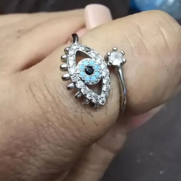 Sterling Silver Evil Eye Ring with Blue Accents